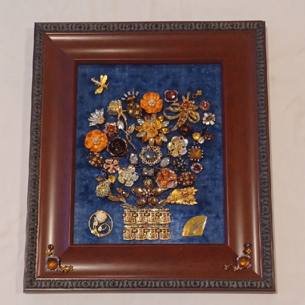 Floral Brooch Art on Blue Velvet With Brown Frame